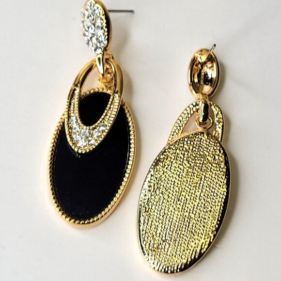 Black and Gold Oval Drop Earrings with Crystals - Picture 3 of 7